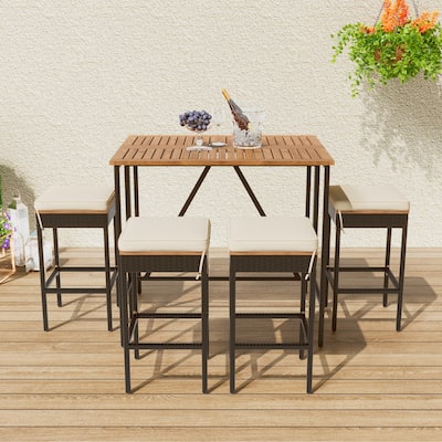5 Piece Patio Wicker Bar Set, Outdoor Acacia Wood Bar Height Table w/Foldable Table Top & 4 PE Rattan Backless Bar Stool Chairs
