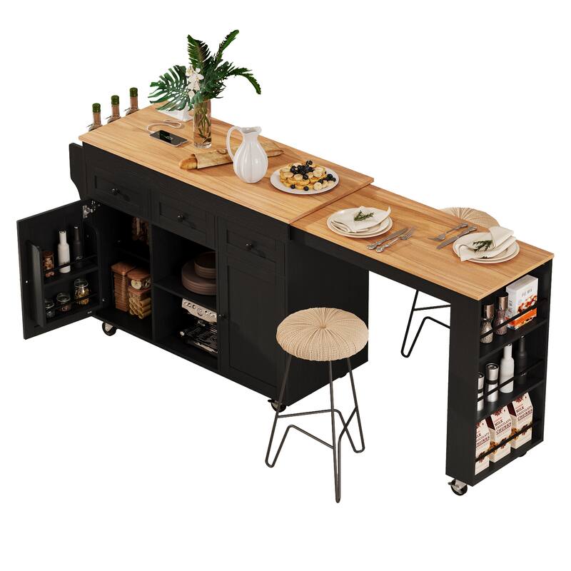 Anmytek Expandable Kitchen Island Cart Wood Top Black Storage Mobile Prep Station Small Space Modern