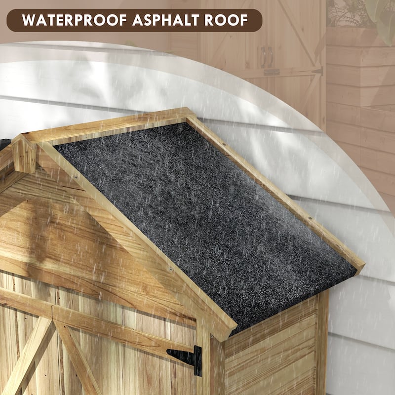 Outsunny Outdoor Storage Cabinet with Waterproof Asphalt Roof, Wooden Garden Shed with Double Lockable Doors and Shelves