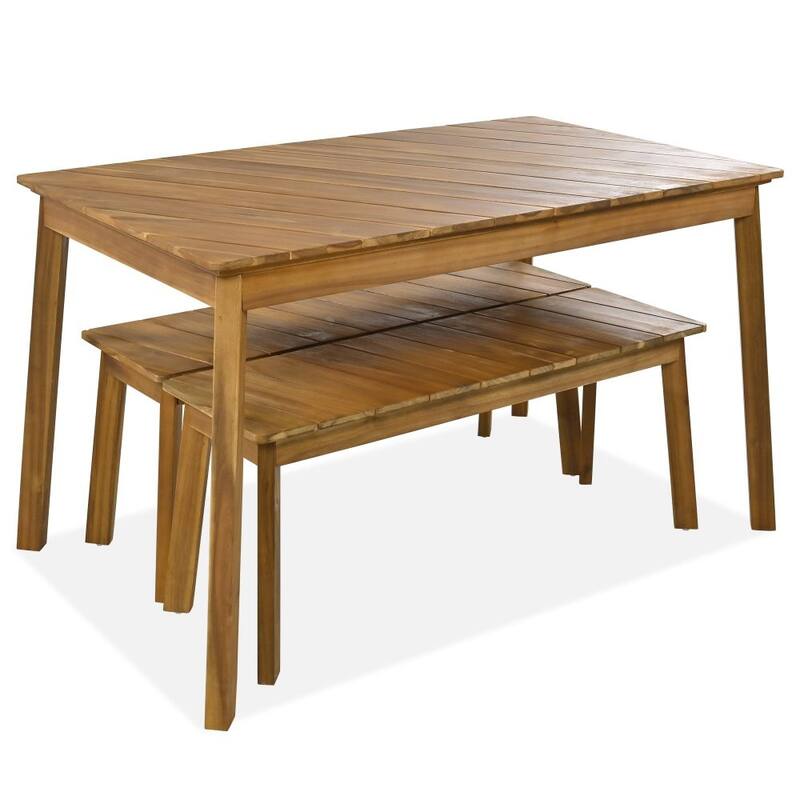 3 Pieces Acacia Wood Table Bench Dining Set For Outdoor & Indoor Furniture With 2 Benches, Picnic Beer Table for Patio