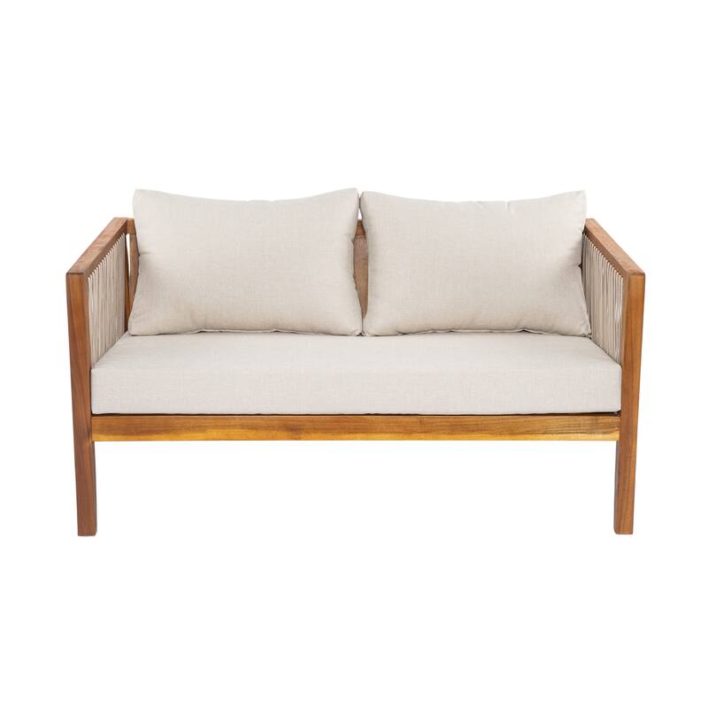 Christopher Knight Home - Outdoor Modern Solid Acacia Wood 2-Piece Conversation Set with Rope Arm Loveseat and Coffee Table