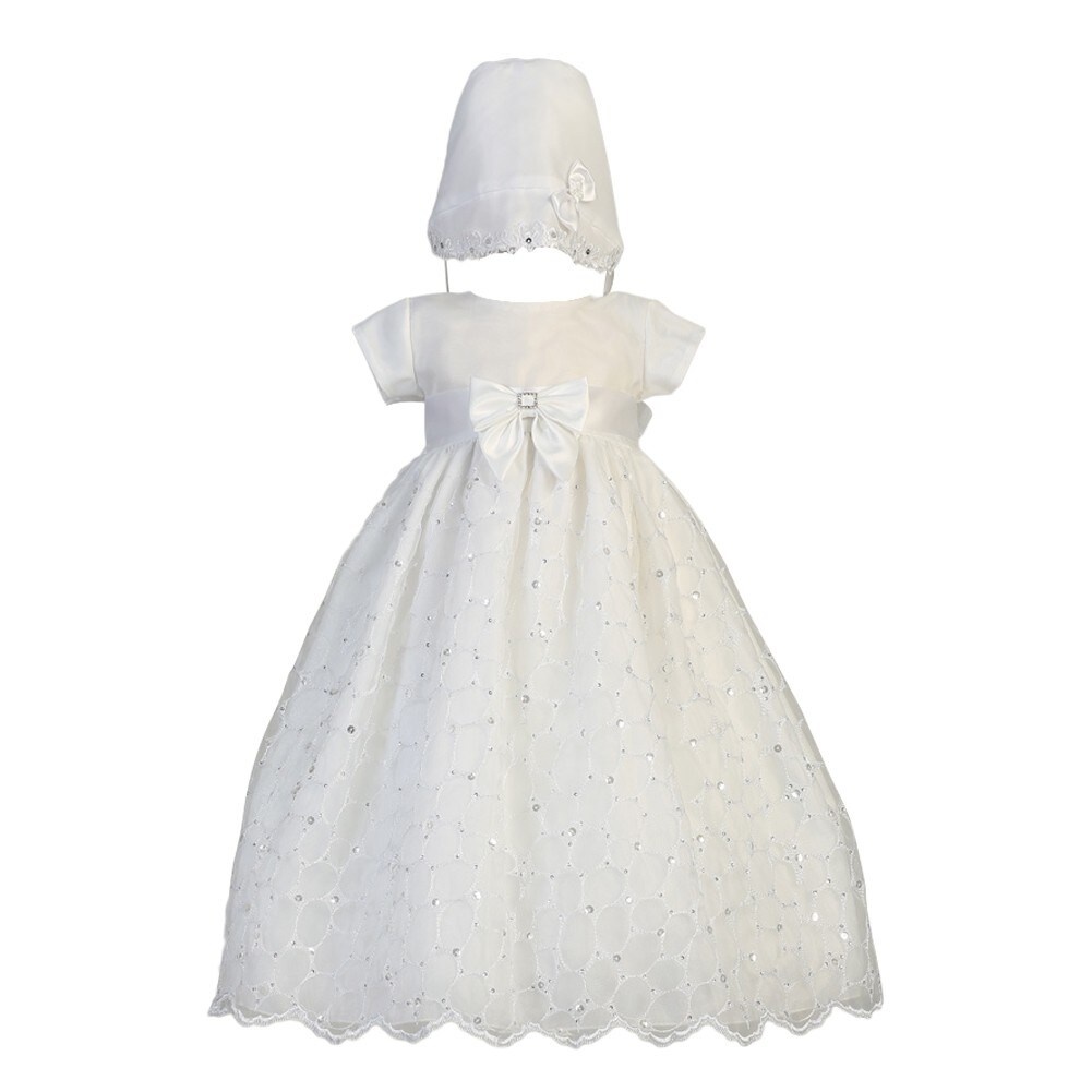 Lito Baby Girls White Embroidered Tulle Gown Bonnet Baptism Set 0-12M