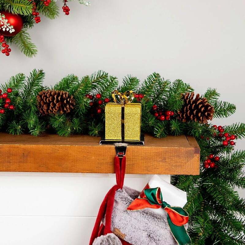 5.5" Glitter Gold and Silver Gift Box Metal Christmas Stocking Holder