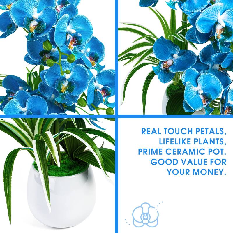 Artificial Orchid Plants and Flowers with Vase, Fake Faux Orchid in Ceramic Pot,19", Blue