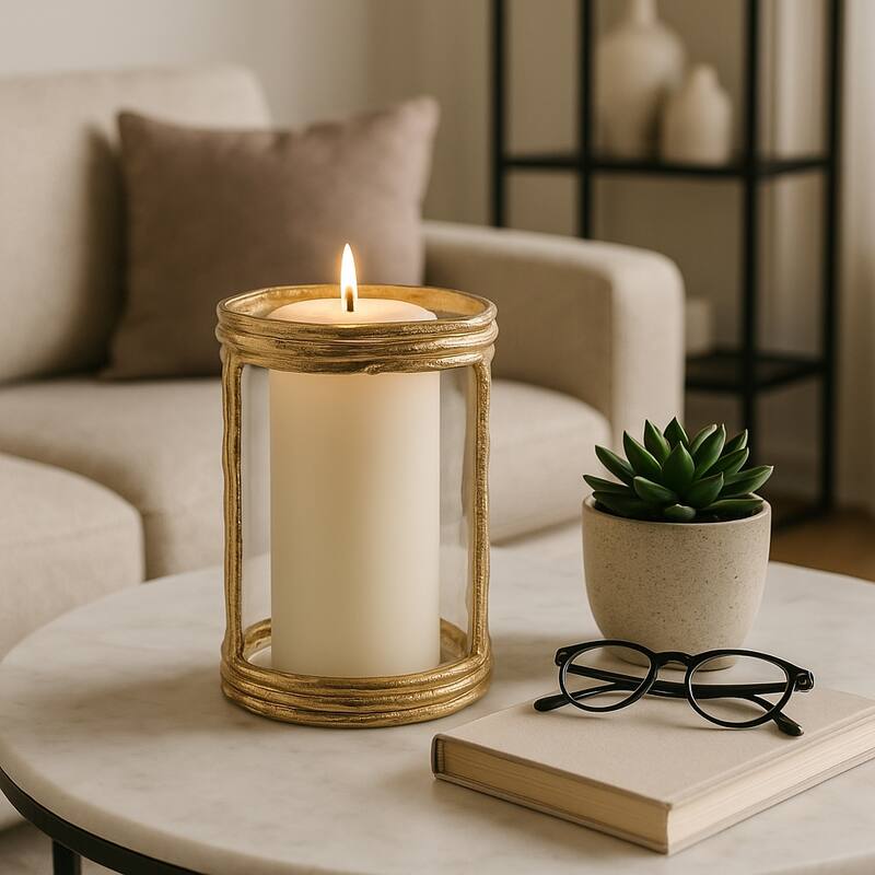 Aluminum Glass Pillar Holder Sculpted Organic Frame Handcrafted Detail