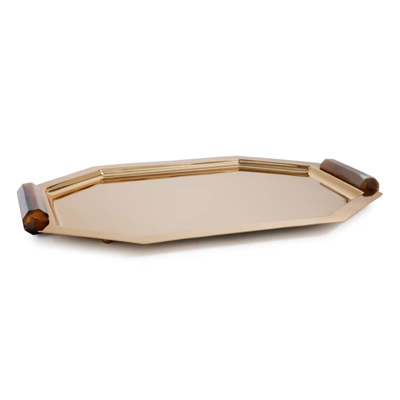 Polished Octagon Metal Serving Trays with Horn Handles - Gold - Large