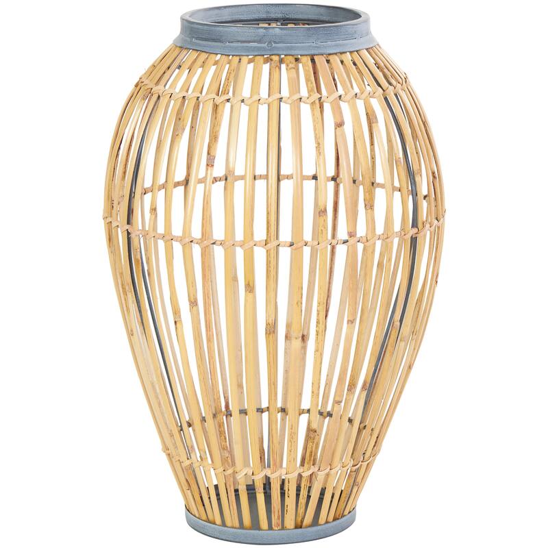 Brown Bamboo Wood Handmade Open Frame Decorative Vase with Blue Metal Accents