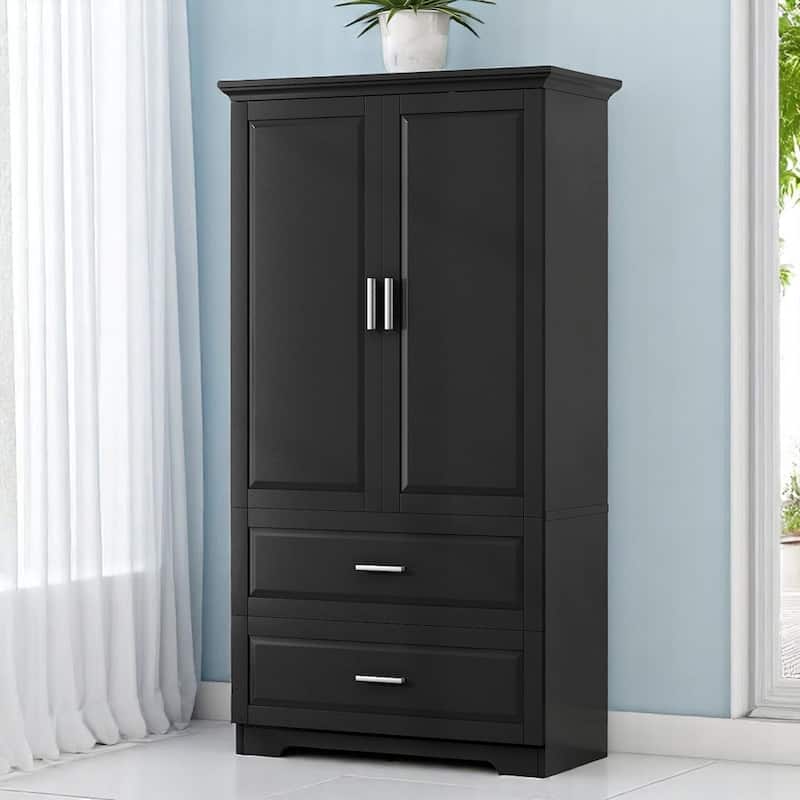 63.2'' Bathroom Storage Cabinet with Double Doors, 2 Drawers, Adjustable Shelf, Waterproof Painted MDF - Black