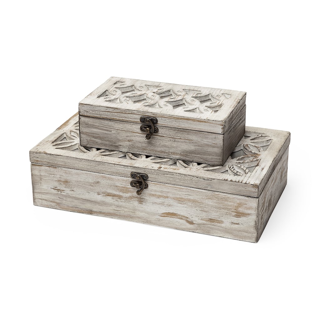 Set of Two Distressed White Wooden Boxes - 8"W x 14"D x 4"H