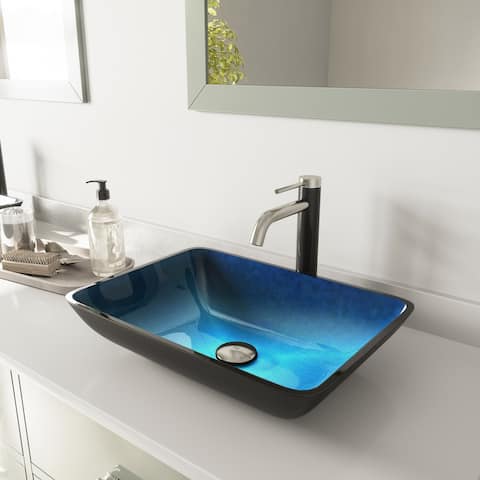 VIGO Turquoise Water Rectangular Glass Vessel Bathroom Sink Set and Lexington cFiber Vessel Faucet