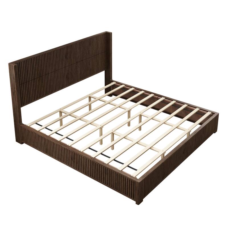 GDFStudio - Modern Solid Wood Low-Profile Platform Bed Frame with Fluted Headboard, Heavy-Duty Support & No Box Spring Needed