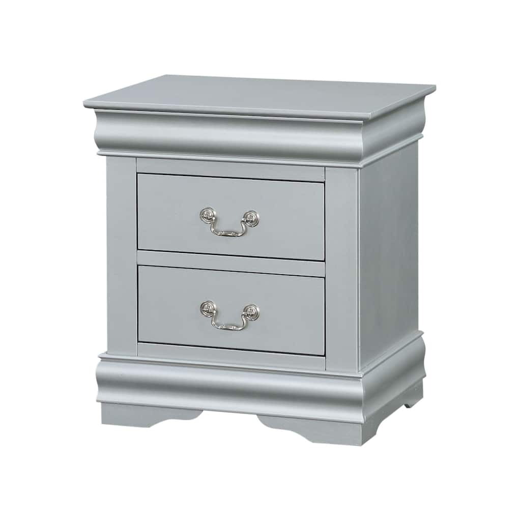 Roomfitters 2 Drawer Nightstand Traditional Bedside Table Molded Top Accent End Table Antique Storage Cabinet, Silver