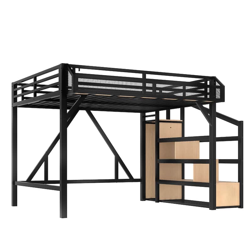 Queen Loft Bed with Wardrobe & Storage Stairs, Metal Frame with USB Ports & LED Lights