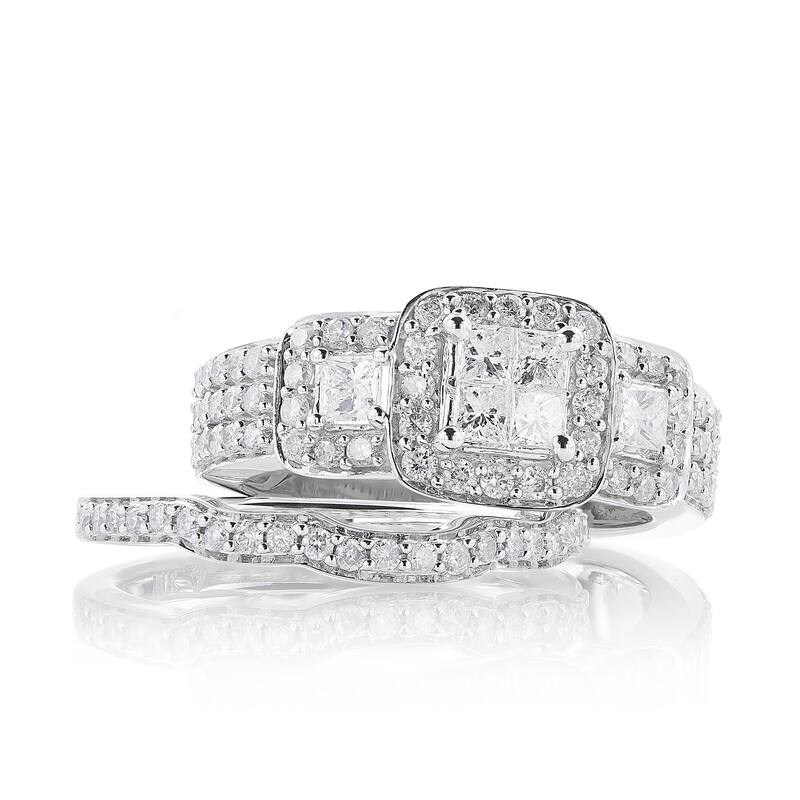 Kobelli 1.18 Carat Natural Diamond 14k Solid White Gold Princess-cut Wide Triple Halo Chunky 2pc Bridal Set