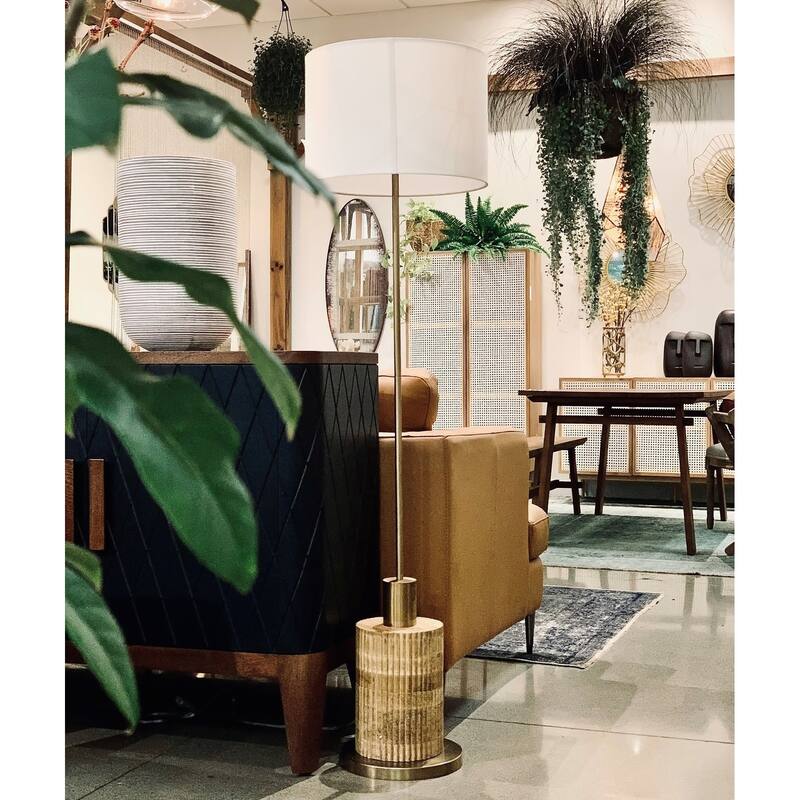 Araylia 60" Floor Lamp with Fabric Shade, Brass/ Brown