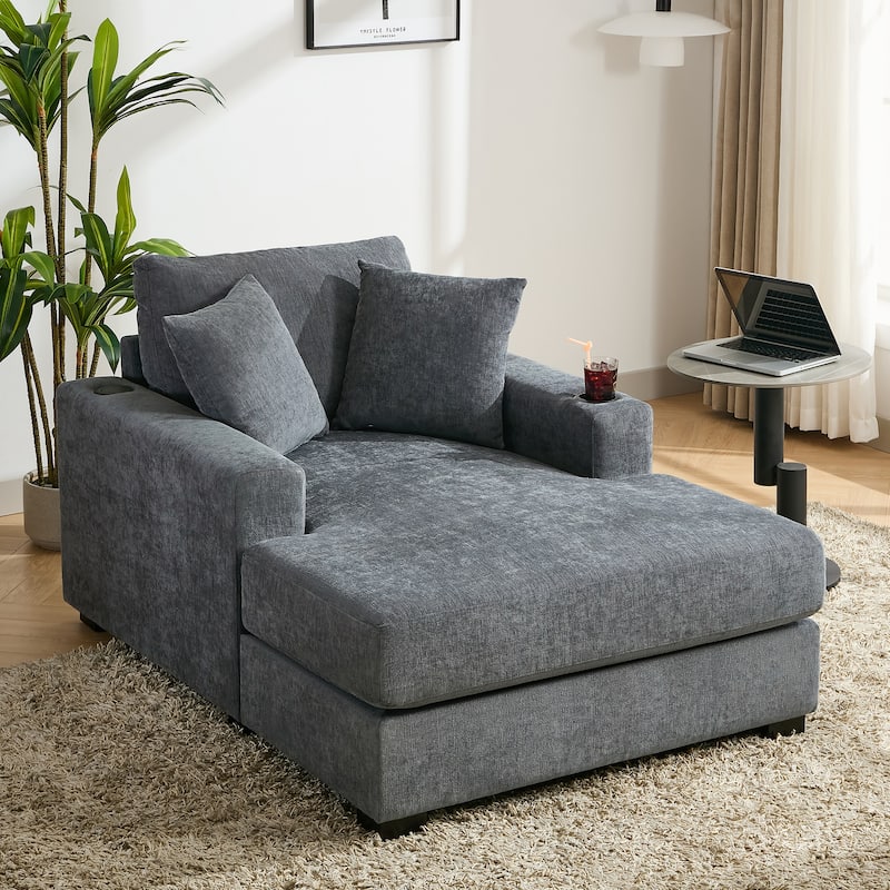 43.5" Chenille Fabric Chaise Lounger Sofa Couch with Pillows, Charge Station & Cup Holders