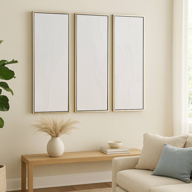Glass Wall Art Textured Decor Home Living (Set of 3) - 16x48" Gold