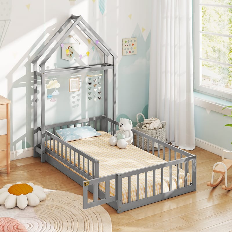 Montessori Twin Size Floor Bed Frame with Guardrails and House Shaped Headboard for Kids Bedroom - Grey