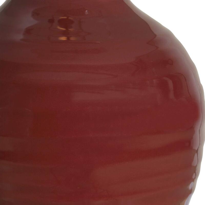 Table Lamp, Round Linen Shade, Ruby Red Textured Round Ceramic, 23 Inch
