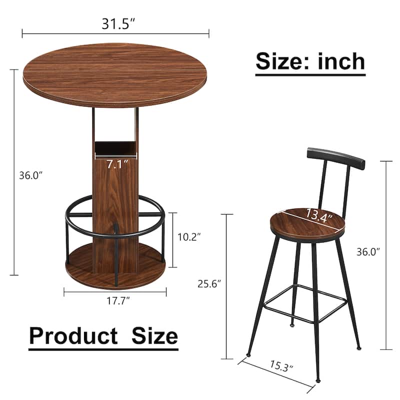3-Piece Bar Table and Stool Set 31.5-inch round bar table with two stools Compact wooden dining bar with metal ring footrest