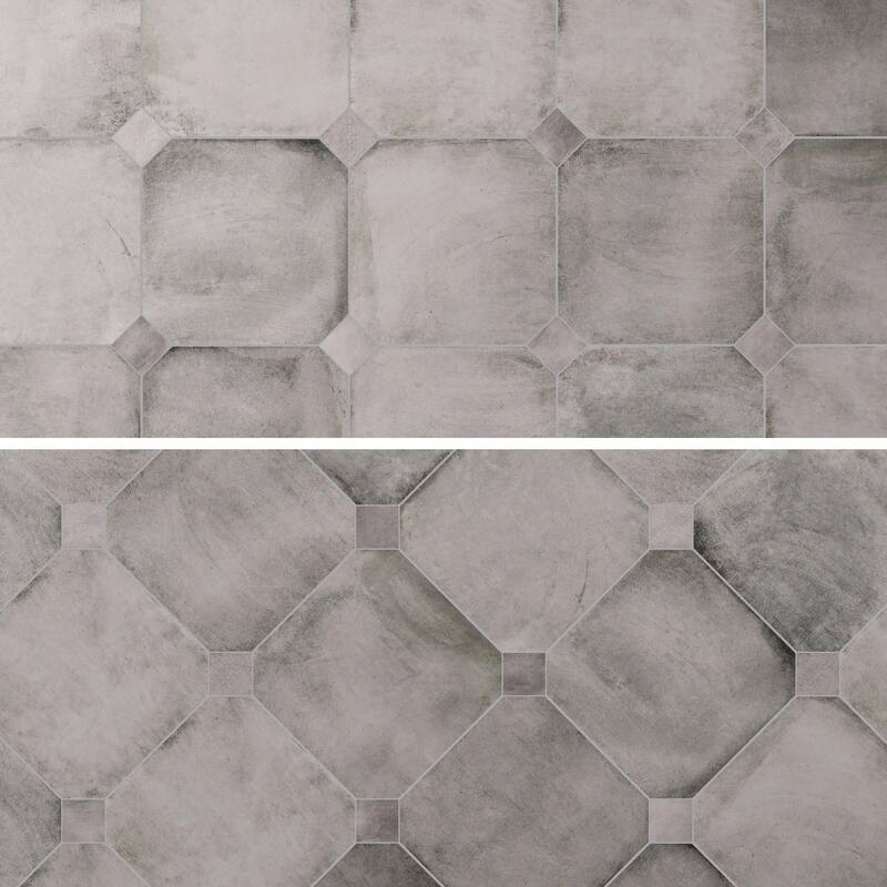 Merola Tile Laverton Octagon Gris with Taco Gris 7-7/8" x 7-7/8" Porcelain Floor and Wall Tile