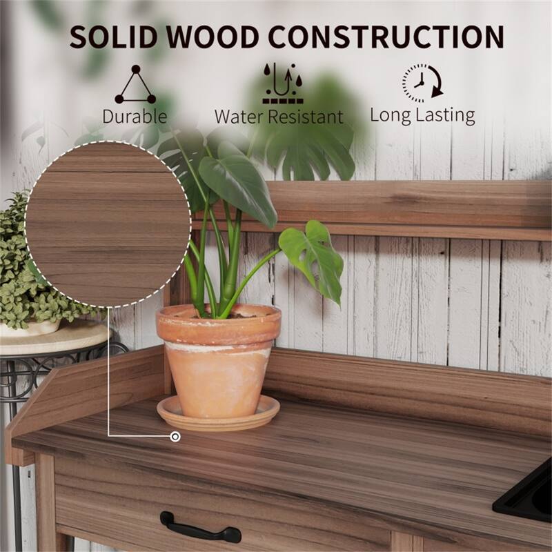 Garden Work Bench with Sink, Faucet, Storage Shelves & Hooks - 45.25" W x 17.75" D x 48.5" H