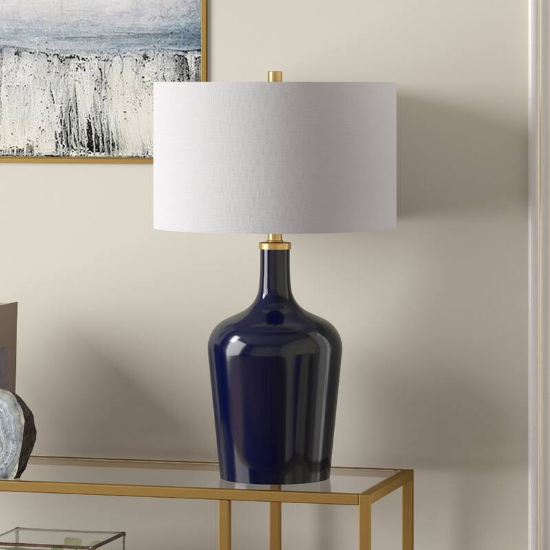 White Glass Urn Table Lamp with Linen Drum Shade and Rotary Switch - 15” x 15” x 25” (D x W x H)