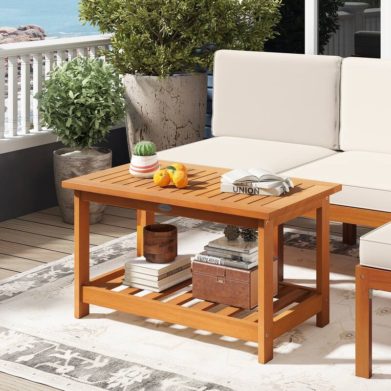 Gymax Patio Coffee Table Outdoor Acacia Slatted Coffee Table w/