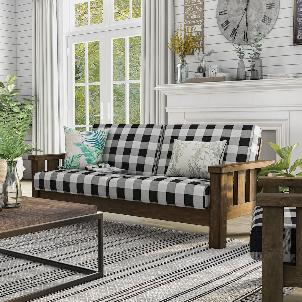 Jimo Farmhouse Rustic Oak Fabric Upholstered Wooden Arms Sofa by Furniture of America