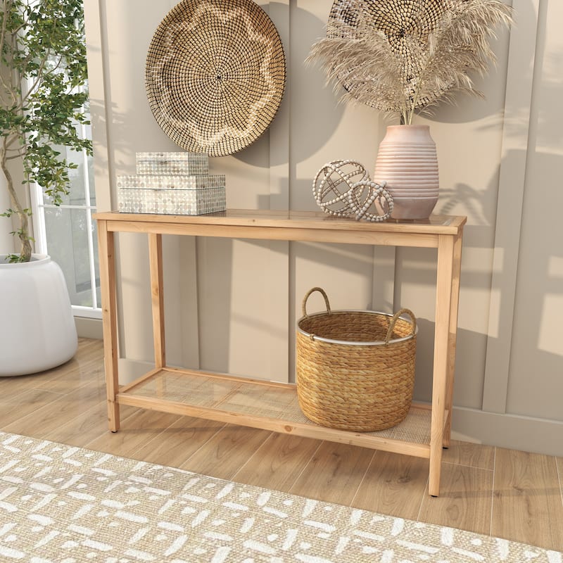 Brown Wood Slim Natural 1 Shelf Console Table with Glass Top and Rattan Shelf