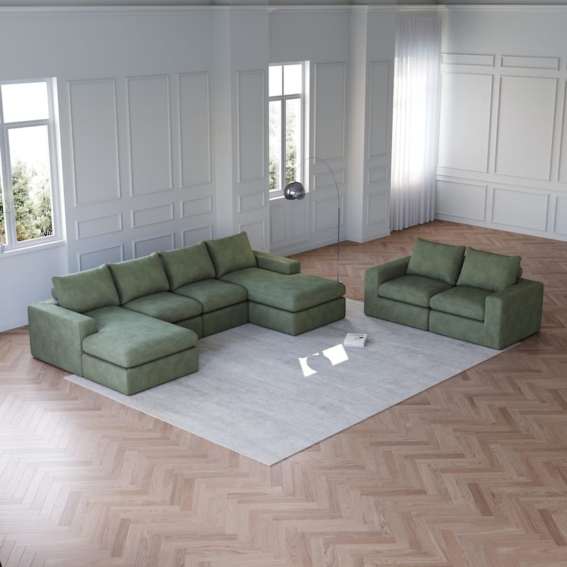 Roomfitters Modern 3-Seater Corduroy Cloud Sectional Sofa with Chaise, L-Shaped Boneless Couch with Pillows