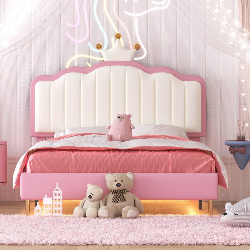 Twin/Full Size Upholstered Kids Princess Bed with Crown Headboard, PU Leather Platform Bed Frame with Light Strips
