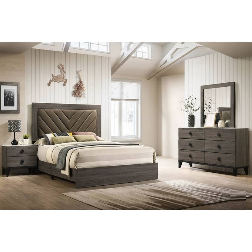 Contemporary Style 4pc Bed Set Diamond Knobs Handles V-design Padded Headboard Gray Finish Bedroom Furniture