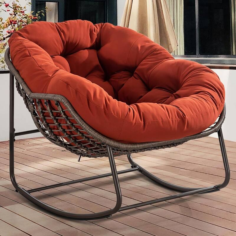 Outdoor Rattan Rocking Chair,Padded Cushion Rocker Recliner Chair Outdoor for Front Porch, Living Room, Patio, Garden - Orange