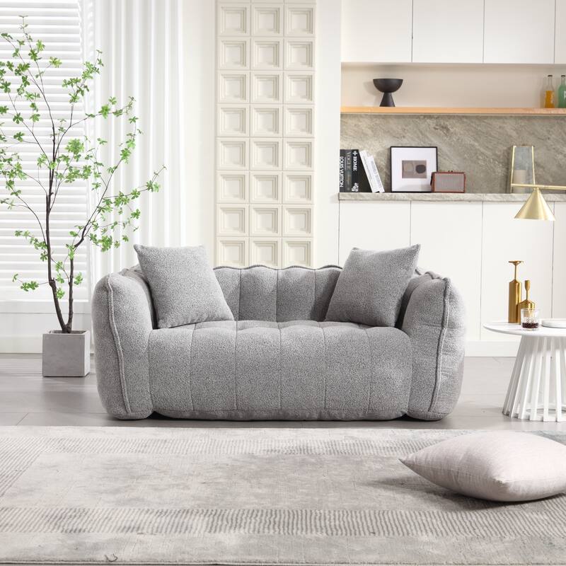 Chenille Bean Bag Sofa w2 Pillows Upholstered Loveseat, Deep Seat Sofa for Living Room Sleeper Recliner Sofa Couch