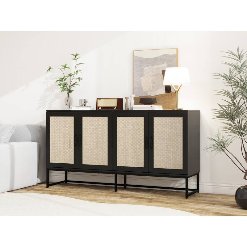 Engineered Rattan Buffet Accent Storage Cabinet 4-Door Sideboard with Adjustable Shelf, Cupboard Console Table Hallway Cabinet