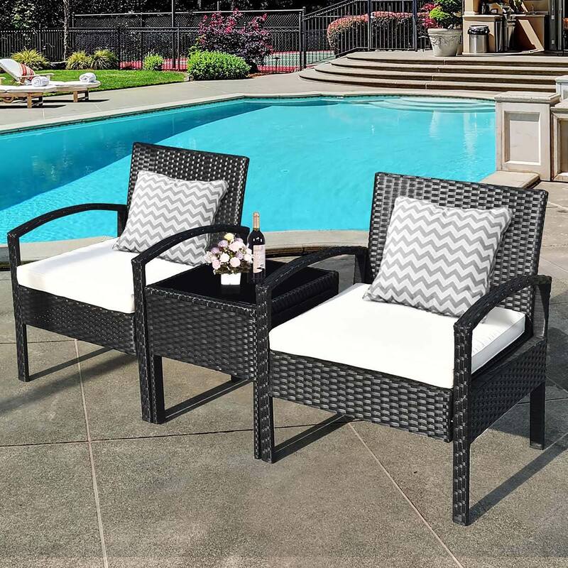 3PCS Patio Rattan Furniture Set with Cushioned Sofa and Coffee Table