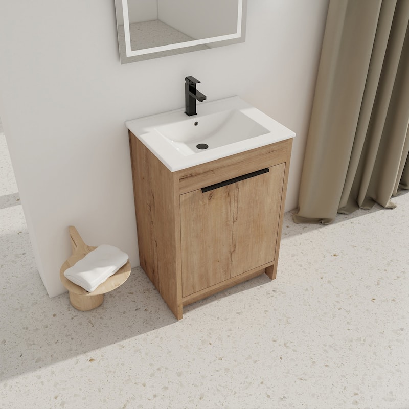 24 Inch Plywood Freestanding Bathroom Vanity Set with Integrated Ceramic Basin and Doors