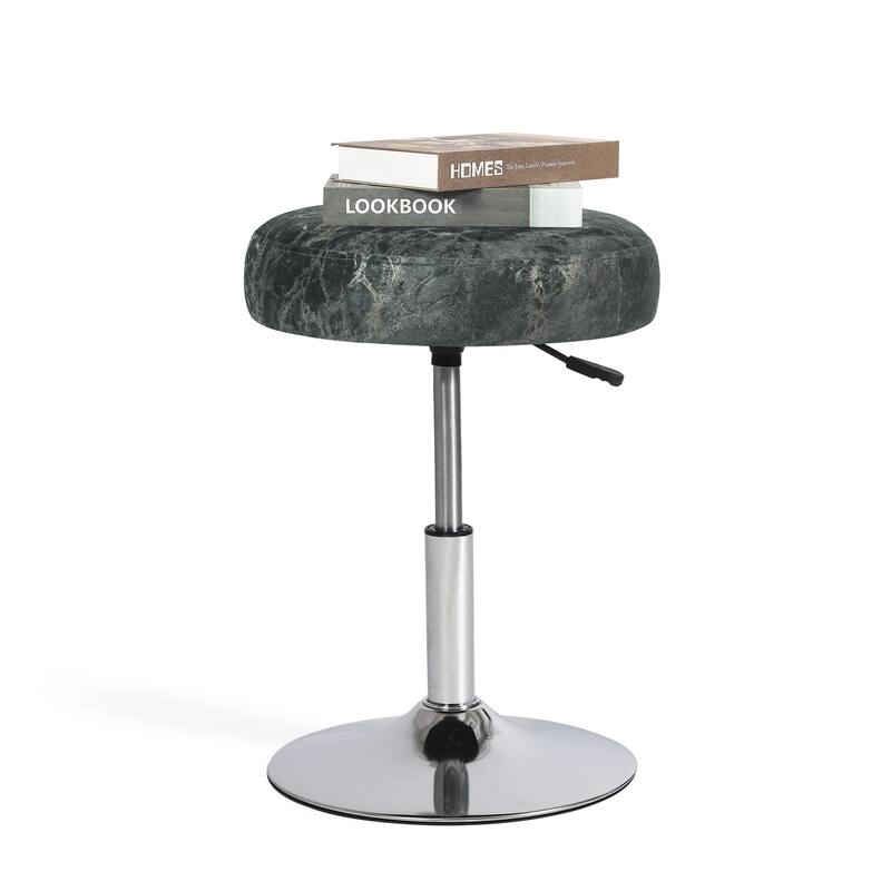 Adeco Makeup Vanity Stool Chair Round Ottoman Swivel Adjustable - Black and Grey-Velvet