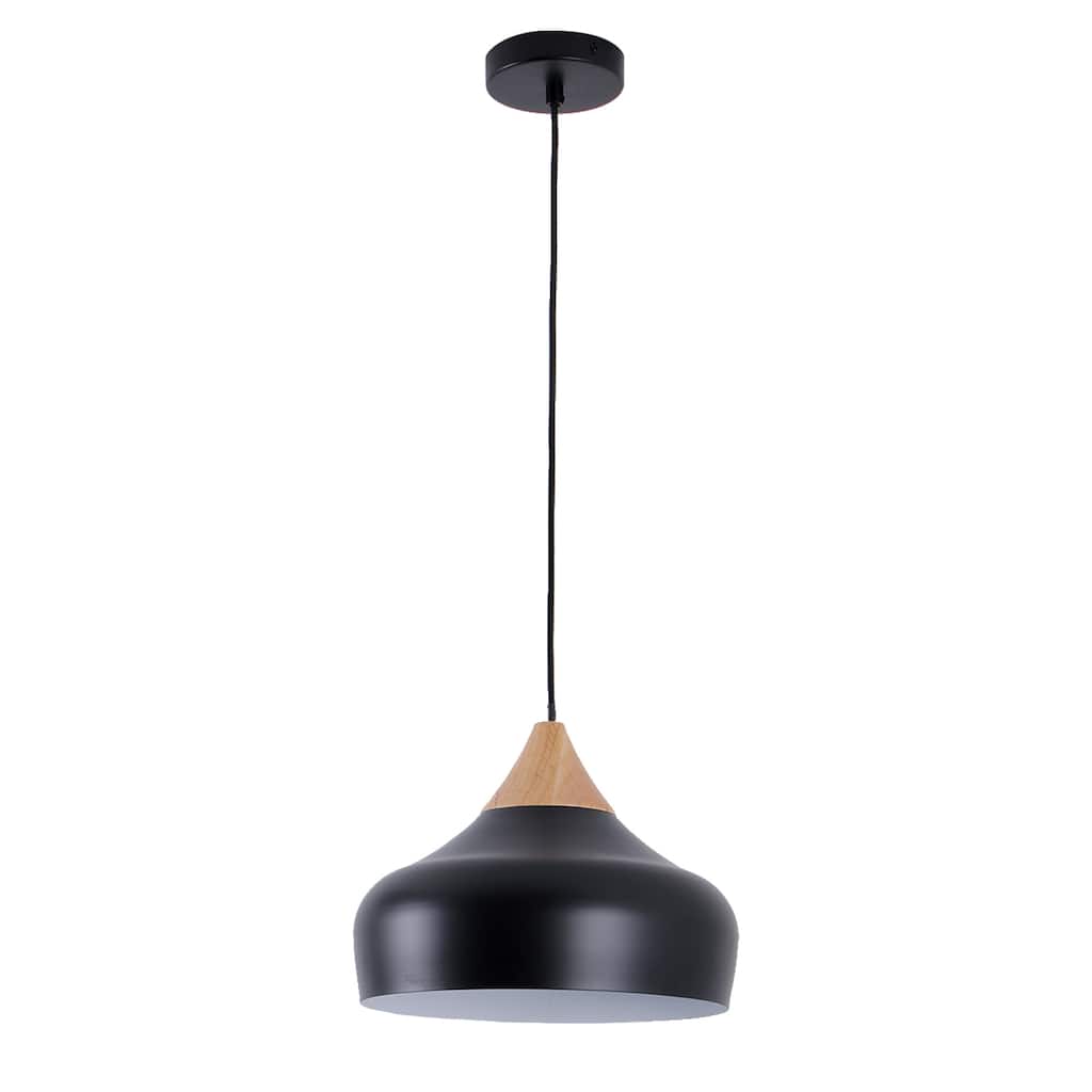 Aurora 13 in. 60-Watt 1-Light Pendant Light with Metal Round Shade and Natural Rubber Wood Top
