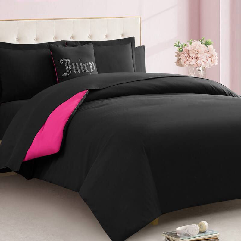 Juicy Couture Alexis Reversible Comforter Set 8 Piece Bed in a Bag Queen Black/Hot Pink
