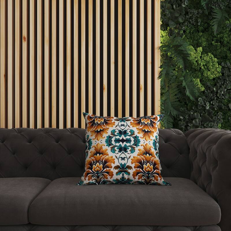 Turquoise And Orange Damask Rapture Faux Suede Throw Pillow Zipper