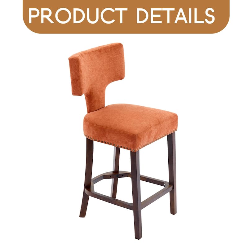 Mid Century Modern Counter Height Bar Stools Set of 2, Farmhouse Linen Fabric Upholstered Accent Chair Curved Backrest