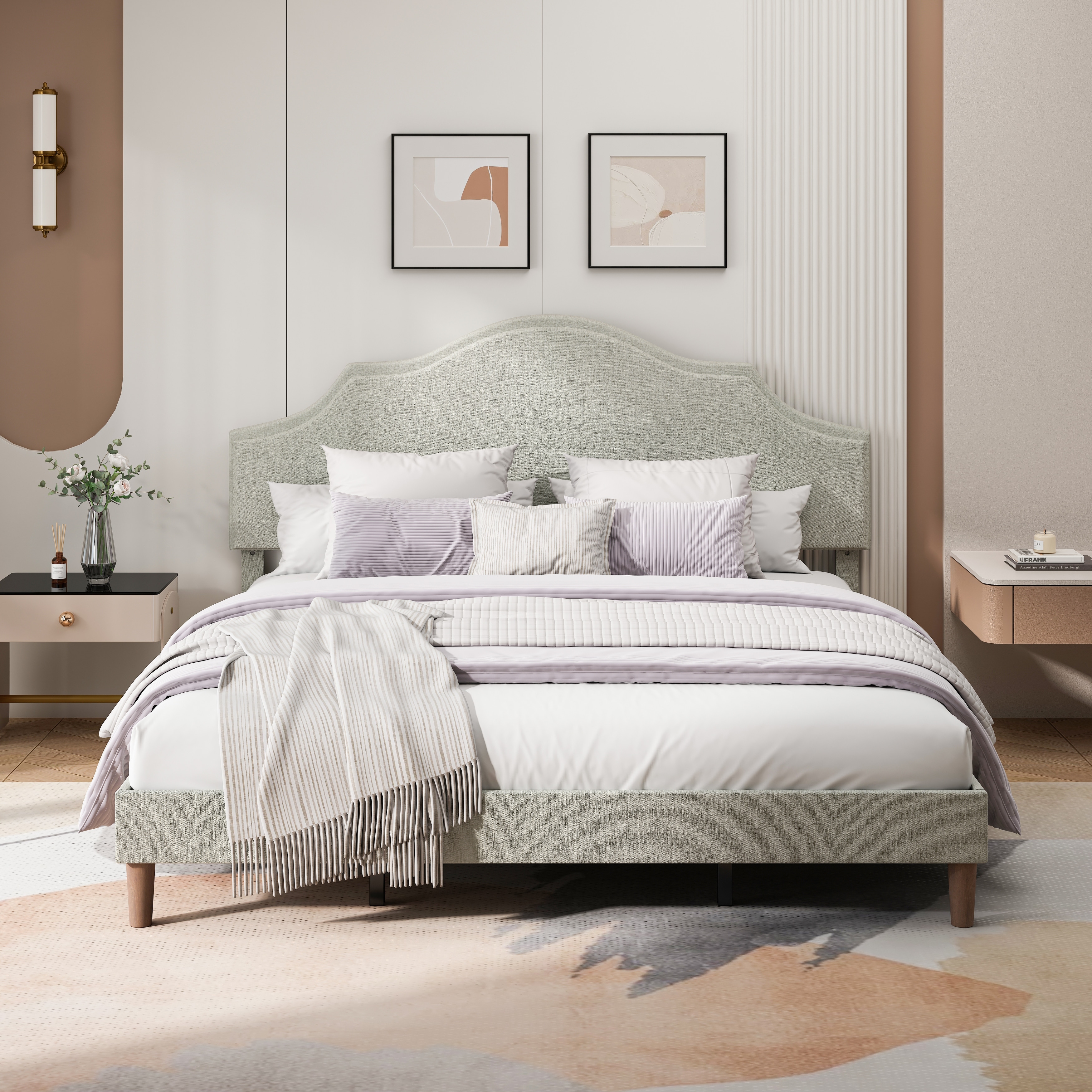 Modern Simple Queen Size Bed Frame Upholstered Platform Bed with Adjustable Headboard & Linen Fabric Padded