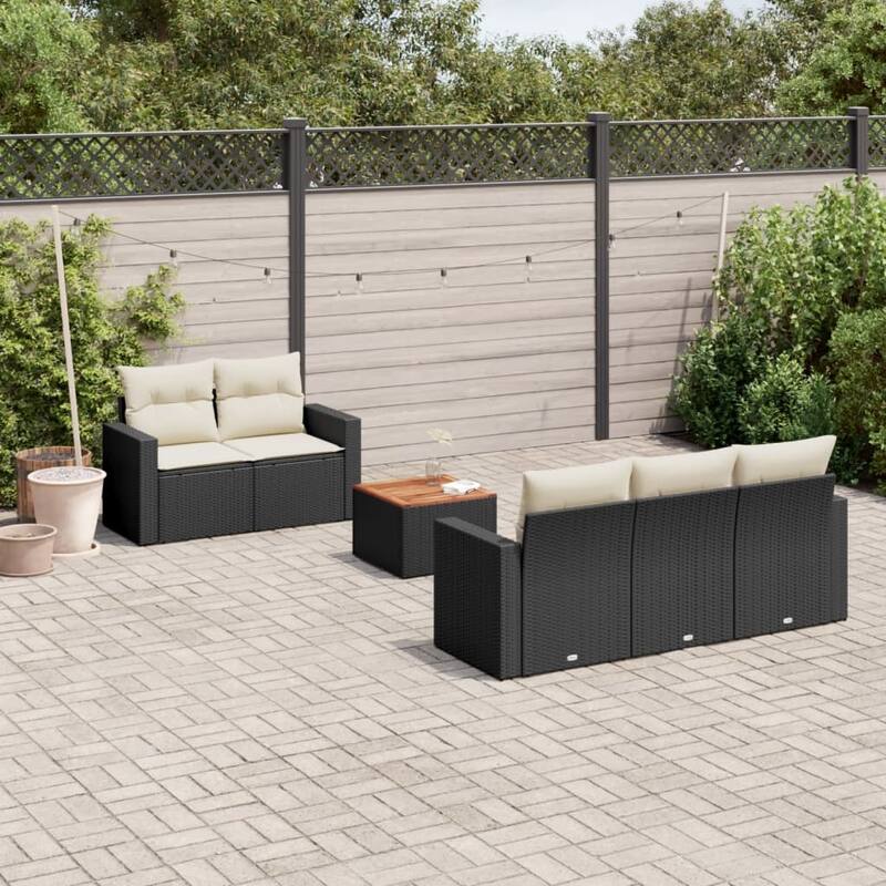vidaXL Patio Sofa Set with Cushions Outdoor Furniture 6 Piece Poly Rattan - 25.8 x 24.4 x 27.2 - Black and Cream
