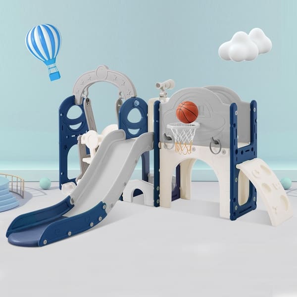 slide 2 of 45, 8 in 1 Toddler Slide and Swing Set, Kids Playground Climber Slide Playset w/ Basketball Hoop & Non-Slip Steps for Indoor Outdoor Grey+Blue