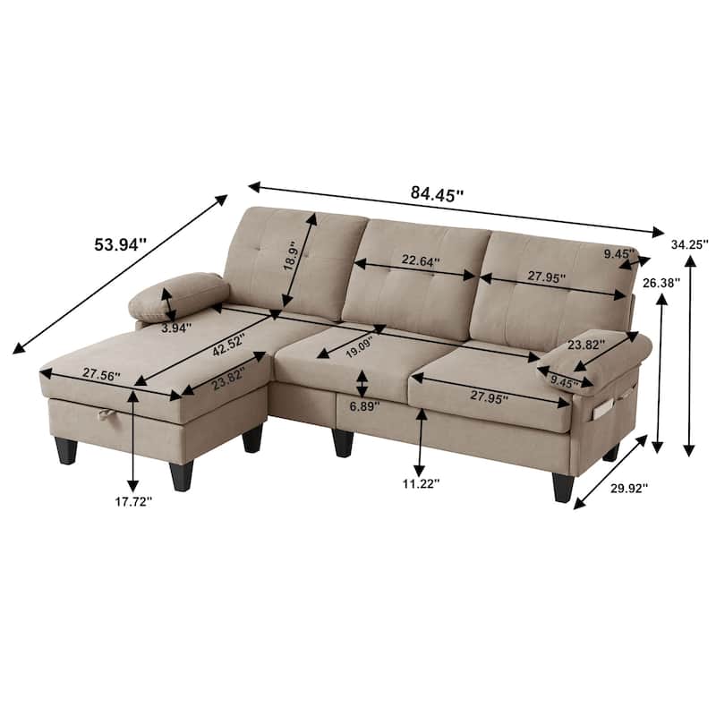 84.45" Wide Sectional Sofa with Ottoman & Side Storage Bags
