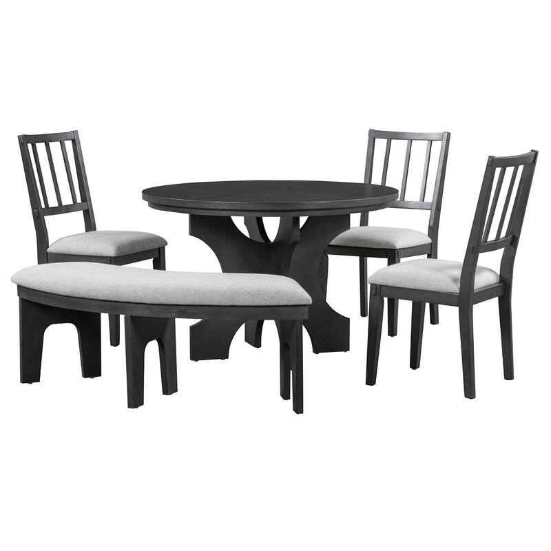 5-Piece Rustic Charm Round Dining Set - 3 Upholstered Chairs with Curved Bench