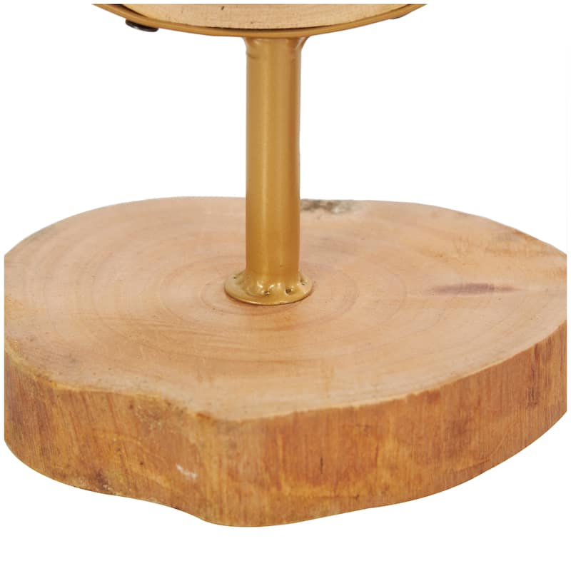 Brown Wood Handmade Live Edge Slab Abstract Decorative Sculpture with Gold Metal Rings (Set of 2)