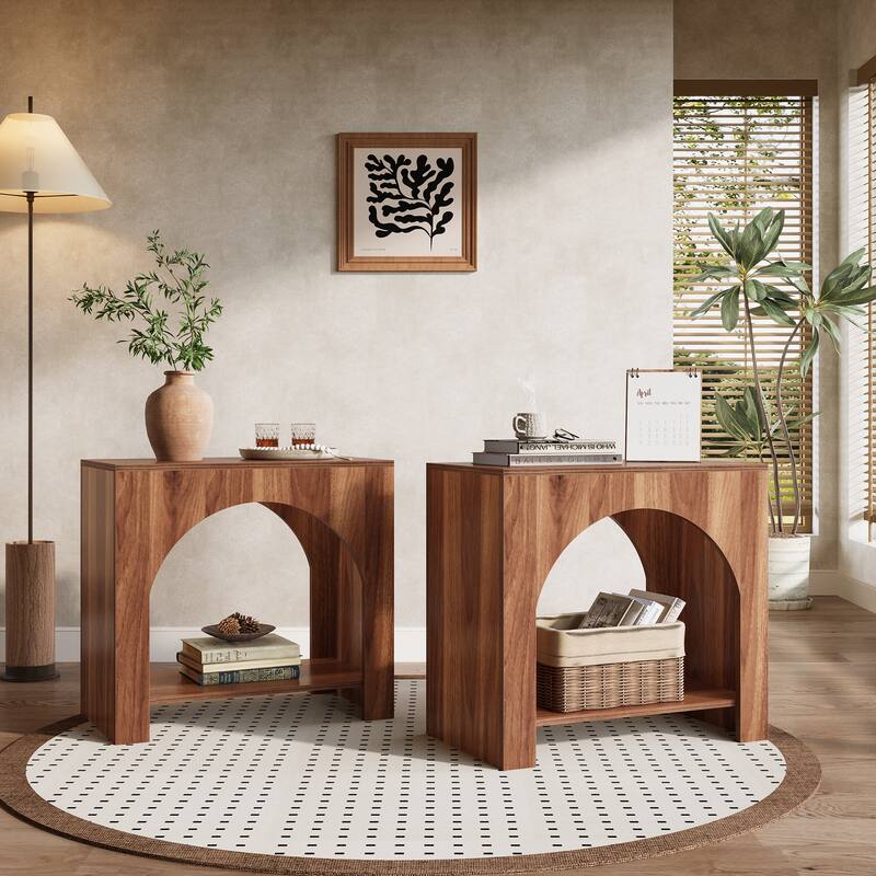 Farmhouse End Table for Living Room Large Side Table with Storage Sofa Table - 2 Packs - Brown